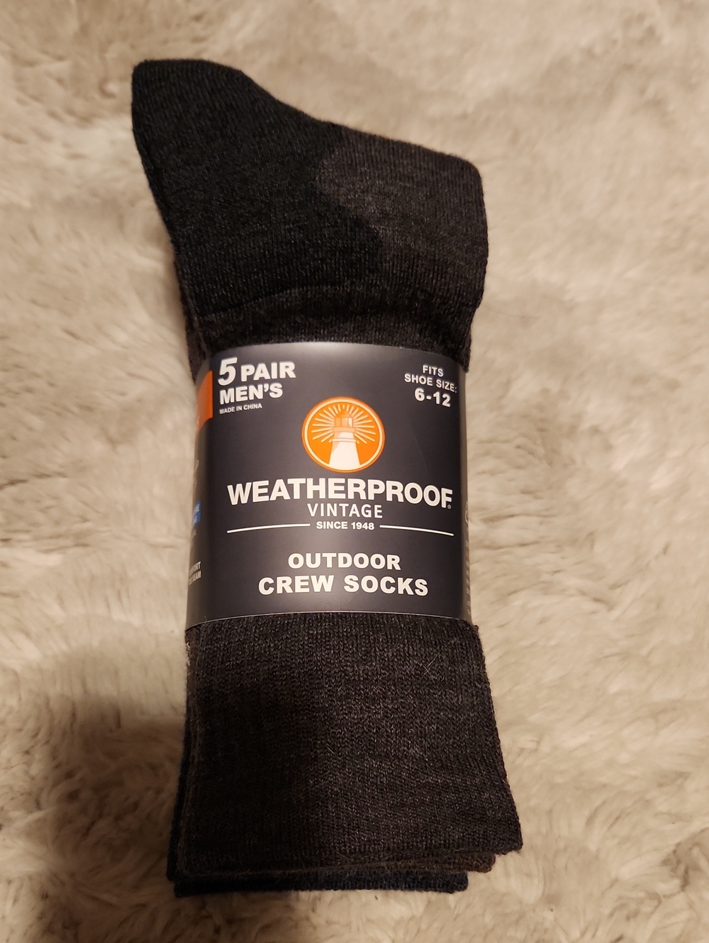 NWT Weatherproof Mens Outdoor Crew Socks - Black (5 Pair)